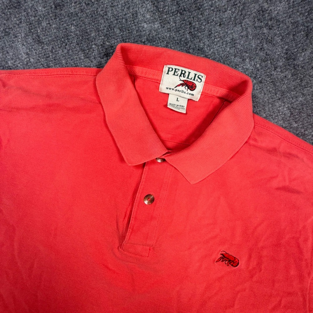 Perlis Mens Large Coral Orange Peruvian Cotton Crawfish Logo‎ Polo Shirt 0599